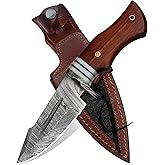 SC Handmade Damascus Hunting Knife with Genuine Leather Sheath – Fixed Blade Knives with Rosewood Handle – Camping, Survival, Skinning & Bushcraft Knife