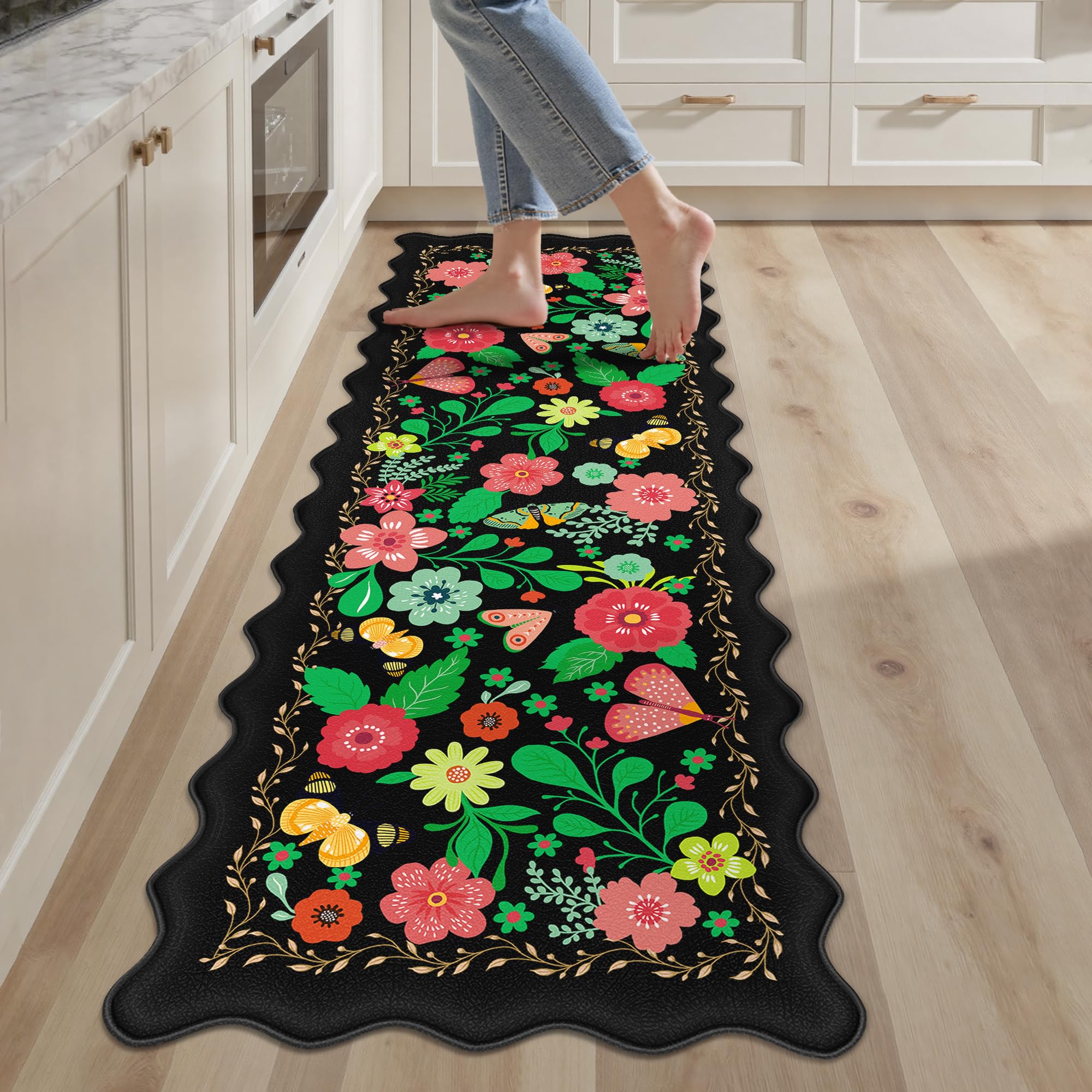 Arenarug Scalloped Black Kitchen Mats for Floor Cushioned Anti Fatigue Kitchen Mats Rugs Waterproof Non Slip Farmhouse Boho Floral Comfort Foam Standing Mat for Sink Laundry, 17.3x59 Image