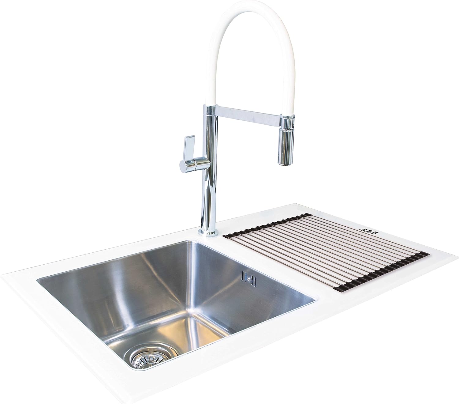 Reflection Glass Kitchen Sink Single Drainer White 860mm x 500mm Right