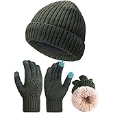 Bonuci 2 Pcs Winter Fleece Lined Beanie Cap Gloves Set Thermal Knit Beanie Hat Skull Cap Touchscreen Gloves Warm Gift for Men