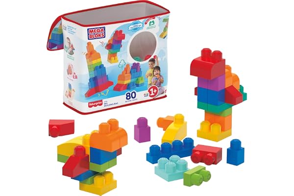 MEGA BLOKS First Builders Toddler Blocks Toys Set, Big Building Bag Collection with 80 Pieces and Storage, Blue, Ages 1+ Year