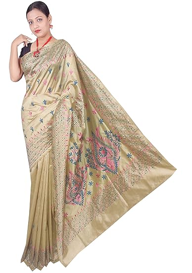 Sanghamitra Saree Kantha Stitched Handloom Womens Gujrati Silk Saree (Sandal)