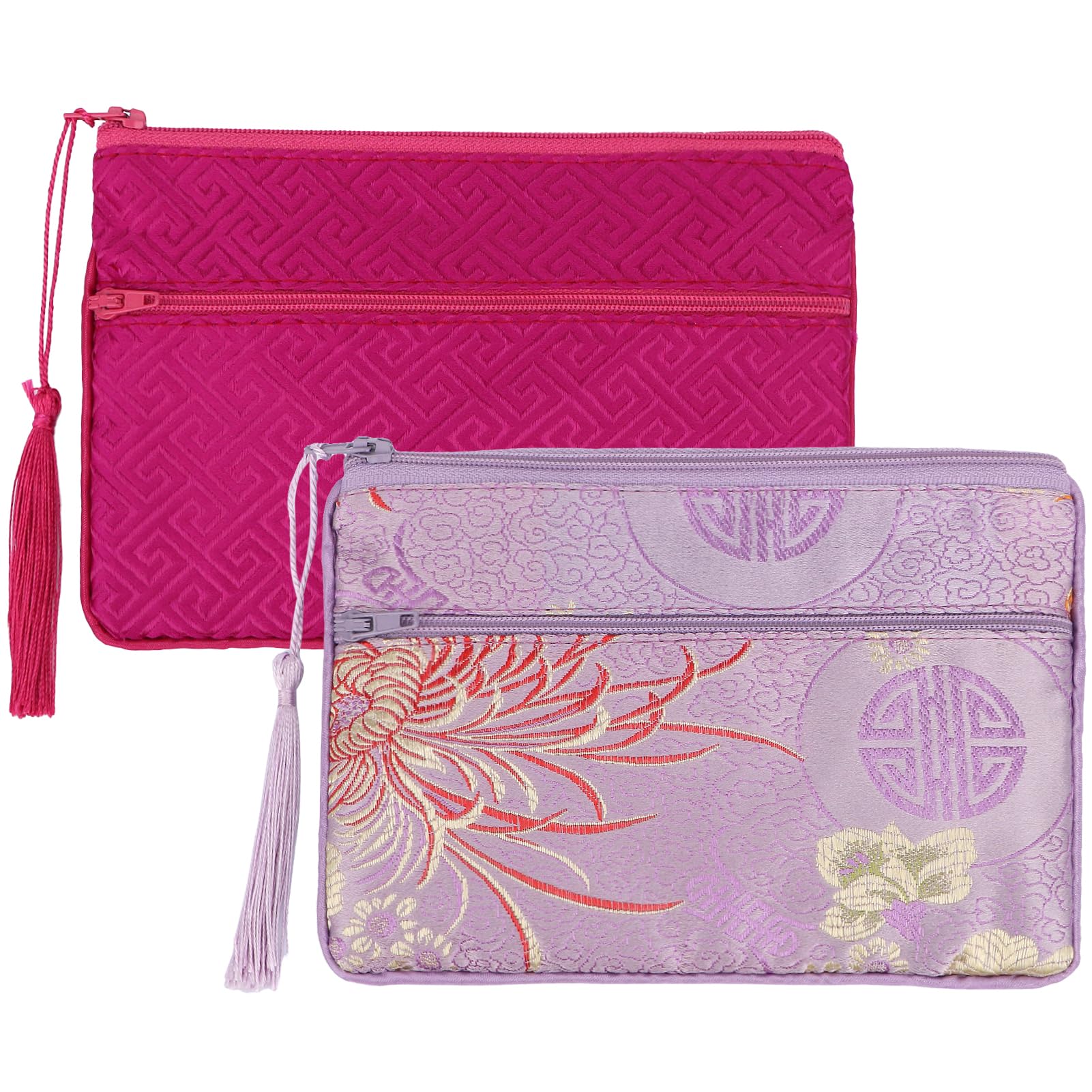 kilofly Chinese Silk Brocade 2 Zipper Pockets Tassel Jewelry Pouch Bag, Set of 2