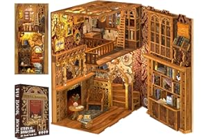 Cutefun Book Nook Library Kit, DIY Miniature Dollhouse Booknook Kits for Adults Teens, 3D Wooden Puzzle Bookend Bookshelf with LED Light & Dust Cover (Eternal Bookstore)