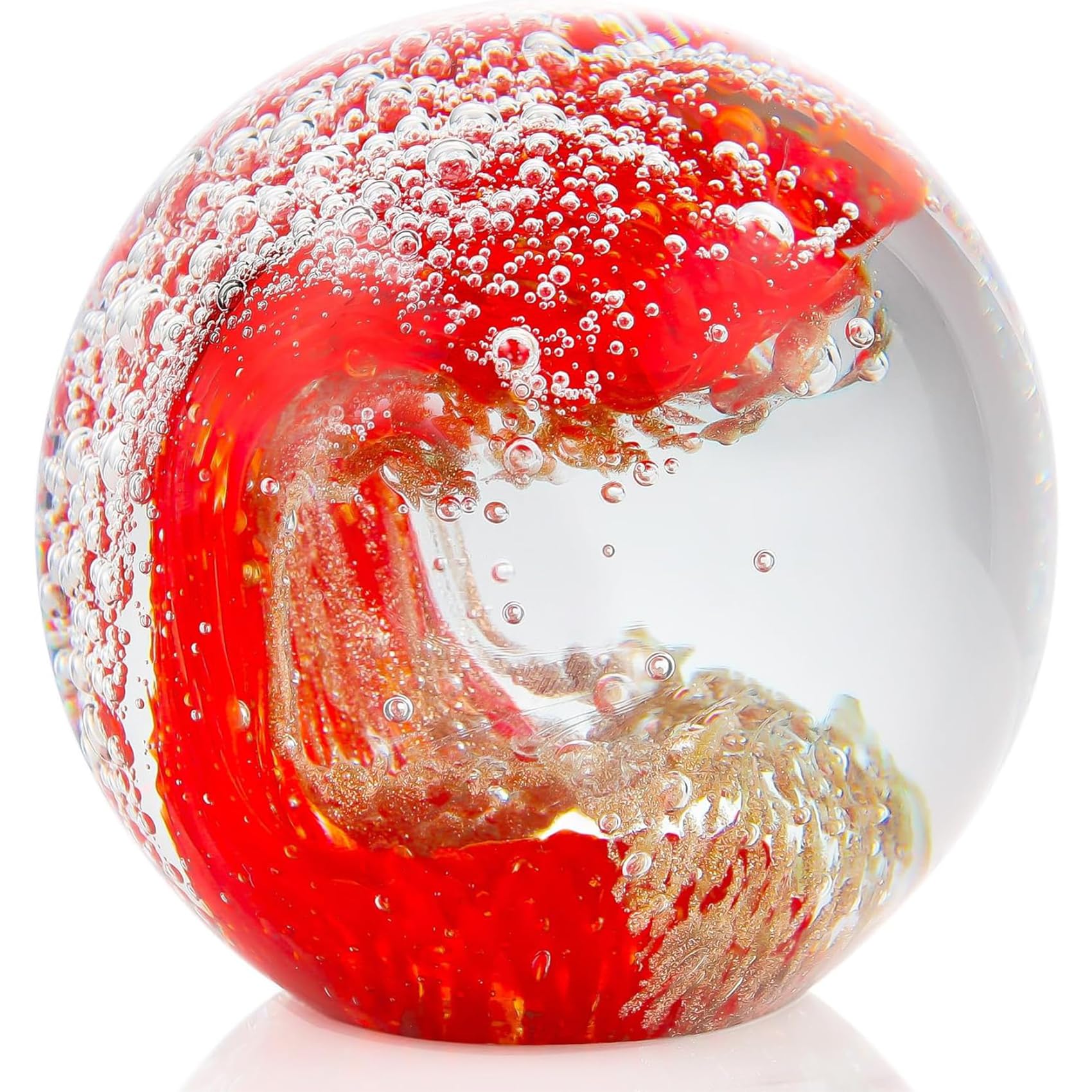Hand Blown 3.1" Crystal Waves Ball Sea Glass Art Gifts for Women Men Ocean Figurines Decor Paperweight Coastal Decor for Home Aquarium Sphere Ornaments (Red)