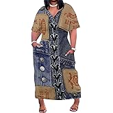 SUZONANA Womens Plus Size Denim-Print Fashion Maxi Dresses Casual Soft Tshirt Dress