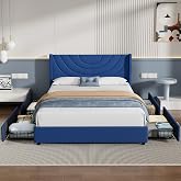 VECELO Queen Bed Frame Upholstered Platform with 4 Drawers&amp;Fabric Headboard,Wooden Slats Support/No Box Spring Needed/Mattress Foundation,Dark Blue