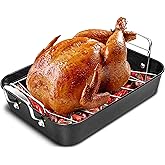 MICHELANGELO Carbon Steel Roasting Pan with Rack, Turkey Roasting Pan 15 Inch x 11 Inch, Nonstick Turkey Roaster Pan with Stainless Steel Rack, Induction Compatible