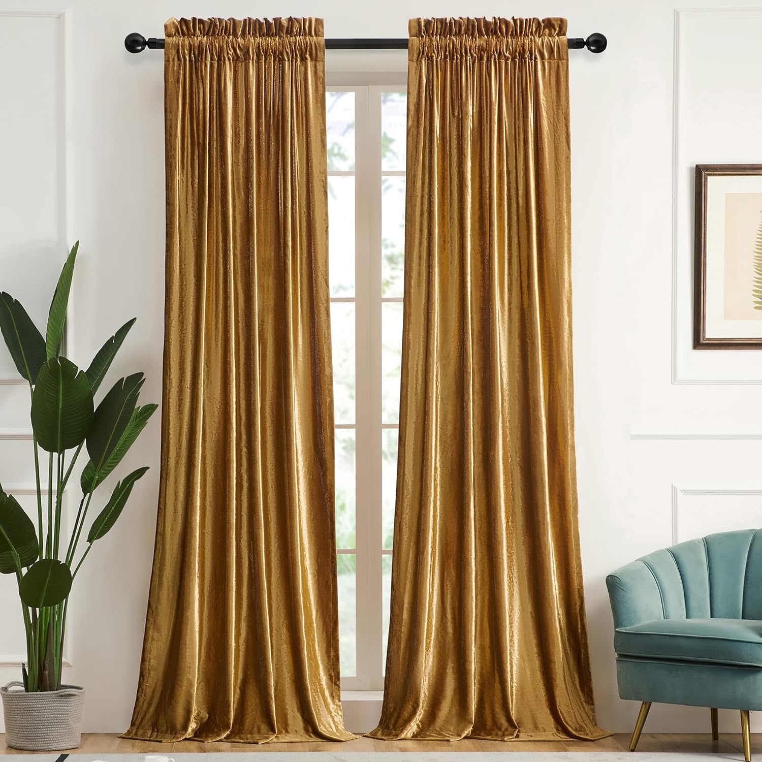 Window Treatments - PRIMROSE Gold Curtains 84 inch for Living Room Velvet Blackout Rod Pocket Window Drapes Treatment Semi Room Darkening Decor Golden Curtains for Bedroom Set of 2 Panels