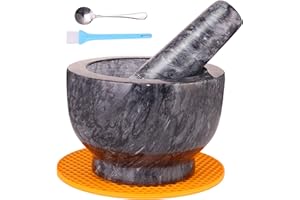 Mortar and Pestle Set, Guacamole Bowl Polished Natural Marble Stone, Grinder and Crusher, with Silicone Mat & Spoon - 300ml(M