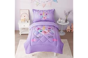 KINBEDY 4 Piece Unicorn Toddler Bedding Set for Girls - Purple Floral Cartoon Bed Comforter Set with Comforter, Fitted Sheet, Pillowcase
