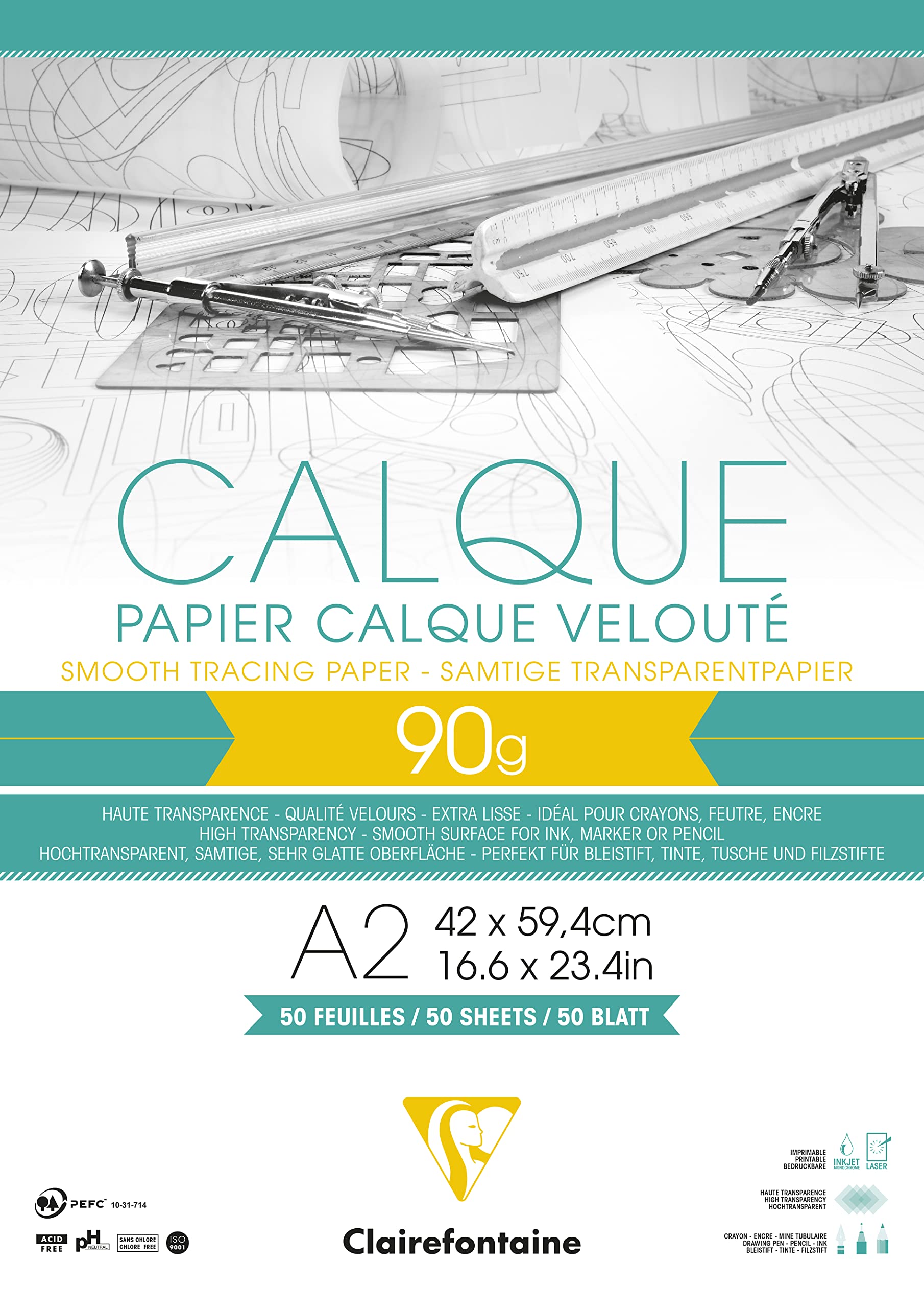 Clairefontaine - Ref 975094C - Tracing Paper Pad (50 Sheets) - A2 Sized, 90/95g, High Transparency, Smooth Surface, Acid Free, Printable - Suitable for Ink, Marker & Pencil