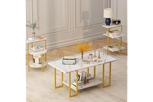 AWQM Faux Marble Table Set, Coffee Table & 2 Side Table, Faux Marble Tabletop and Metal Frame, 3 Piece Table Sets, for Living Room Apartment, White & Gold
