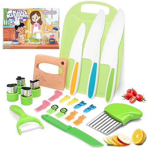 Woiworco 22 Piece Kids Kitchen Knife Set - Safe Wooden & Plastic Knives for Toddlers, Toddler Cutting Set Includes Cutting Board, Y-Peeler, Crinkle Cutter, and Fun Fruit Fork