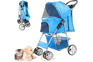 LPOTIUS Pet Stroller for Small Dogs and CatsQuick-Folding Portable Travel Cat Dog Stroller with Storage Basket and Cup Holder, 4 Wheels, Blue