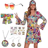 ATAMET 70's Women Costumes Hippie Dress, 1970s Outfits Accessories Set, 60s 70s Disco Prom Dress, Carnival Halloween Costumes