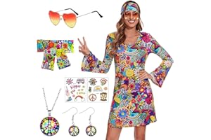 ATAMET 70's Women Costumes Hippie Dress, 1970s Outfits Accessories Set, 60s 70s Disco Prom Dress, Carnival Halloween Costumes