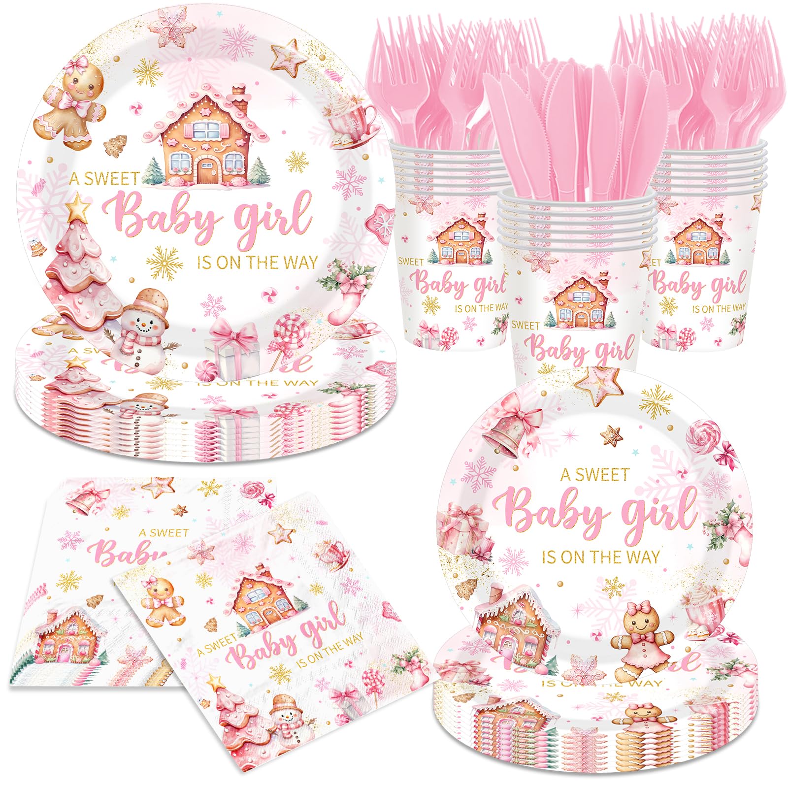 Photo 1 of ***MISSING PIECES -SELLING AS INCOMPLETE *** Pink Christmas Gingerbread Baby Shower Decorations, 144pcs A Sweet Baby Girl is On The Way Gingerbread Plates and Napkins, Winter Christmas Baby Shower Decorations for Girl,
