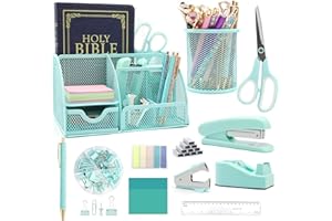 SHELLVCASE 12 in 1 Green Desk Organizers & Accessories Set, Office Supplies Include Stapler, Pen Holder, Tape Holder, Scissors, Ruler, Staple Remover for Home & School
