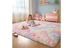 KICHOWUA Fluffy 4x6 Area Rugs for Girls Bedoom, Rainbow Soft Washable Shag Carpet for Kids Room, Nursery, Dorm Decor, Colorful Cute Plush Fuzzy Rugs for Baby Toddler