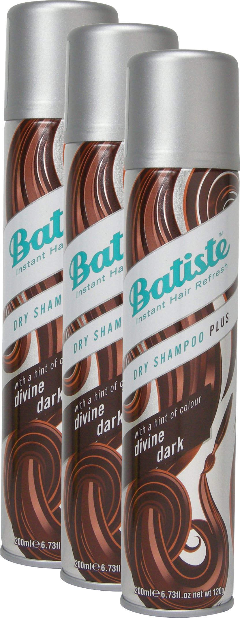 Batiste dry shampoo divine dark with a gentle hint of colour, for black and dark brown hair, fresh hair for all hair types, 3-pack 2+1 (3 x 200 ml)