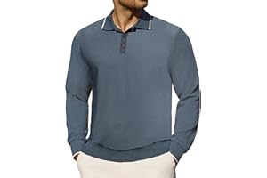 AULEMEN Men's Casual Polo Shirts Long Sleeve Textured Collared Pullover Knit Ribbed Classic Golf Polo Sweaters