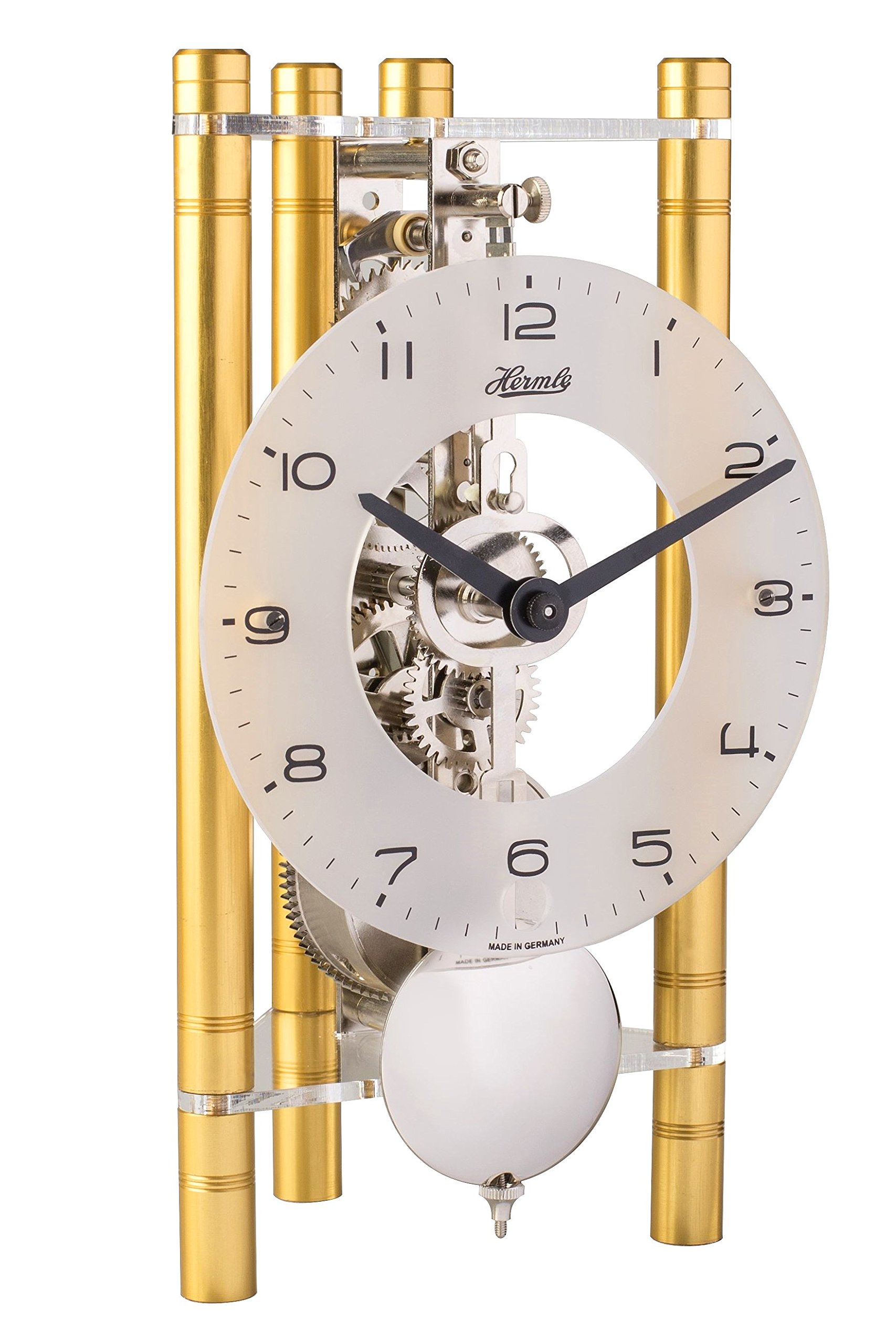 Hermle Skeleton Table Clock with Anodised Aluminium Columns - Triangle 23025-500721, Arabic Dial Glass, Gold, Mechanism, Nickel-Plated, 19.5 cm x 11 cm x 9 cm