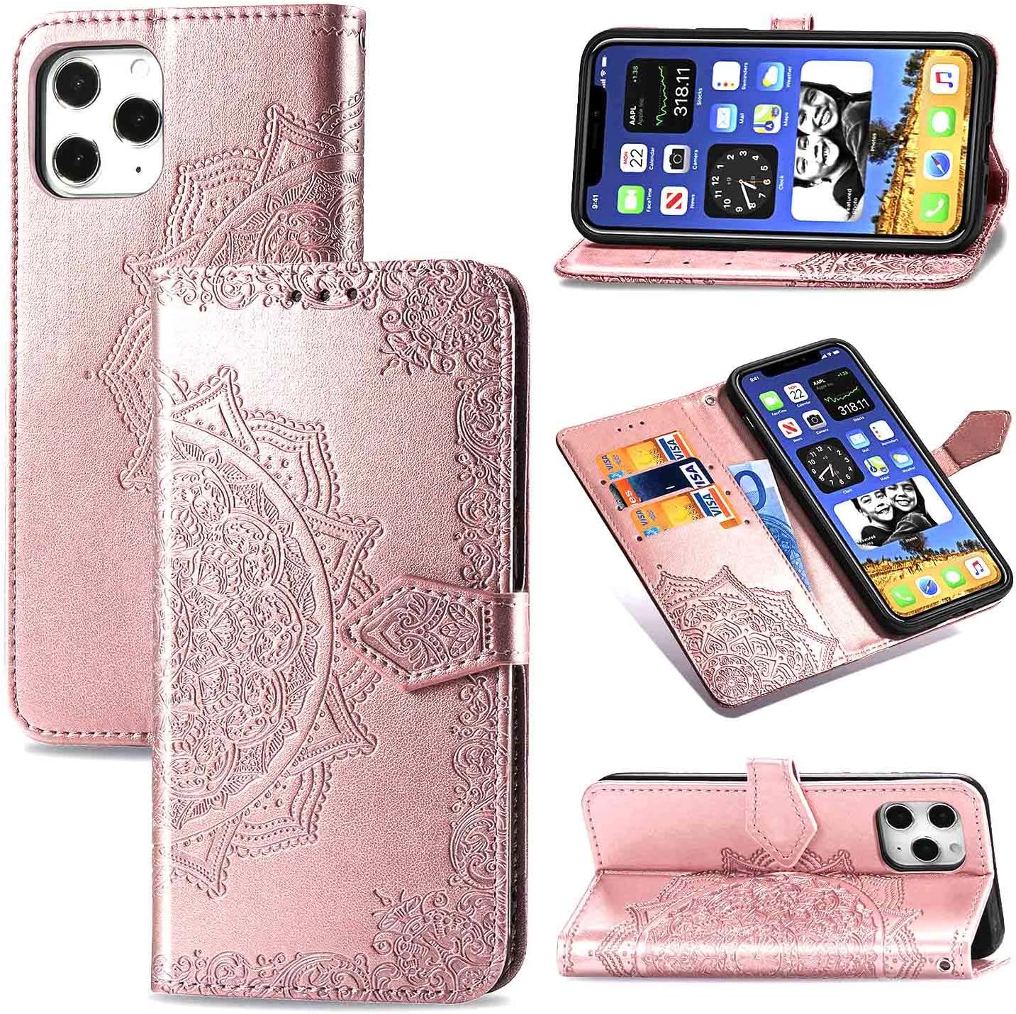 iEugen Compatible with iPhone 12 & iPhone 12 Pro Case,3 Card Slots,1 Note Pockets,Kickstand,Mandala Flower Embossed,Double Magnetic Clasp,Luxury PU Leather Wallet Case Flip Folio Cover,Black