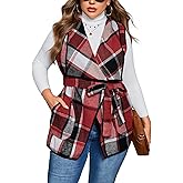 ZOMVA Women's Plus Size Plaid Long Vest Lapel Open Front Belted Sleeveless Shacket Casual Jackets Coat with Pockets Fall