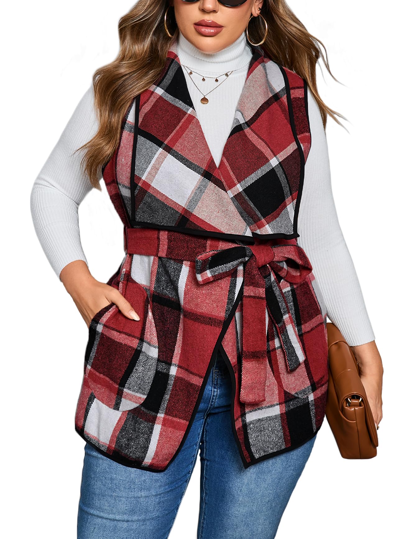 Photo 1 of ZOMVA Women's Plus Size Plaid Long Vest Lapel Open Front Belted Sleeveless Shacket Casual Jackets Coat with Pockets Fall, Red, 2X