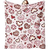Zzkol Valentines Day Dessert Flannel Throw Blanket, Pink Love Heart Cupcake Donut Anniversary Wedding Birthday Gifts for Women Girlfriend Wife Lover, Romantic Soft Blankets for Bedding Sofa 50" x 60"