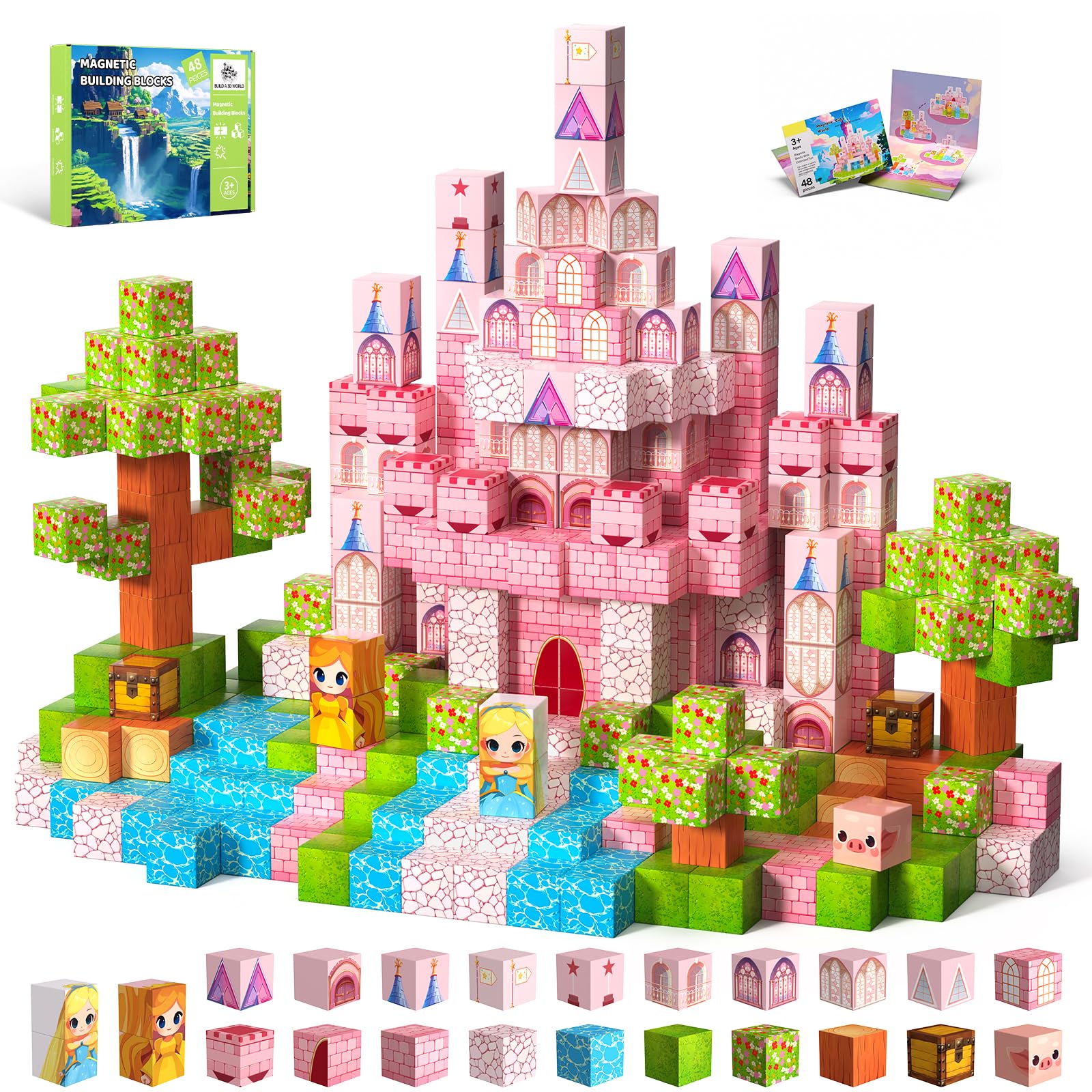 CraftyNest Magnetic Blocks Building Toys for Kids, 48 PCS Magnetic Blocks for Kids Ages 4-8, Magnetic Cubes, STEM Sensory Toys for Boys & Girls, Christmas Birthday Gifts for Kid Ages 3+