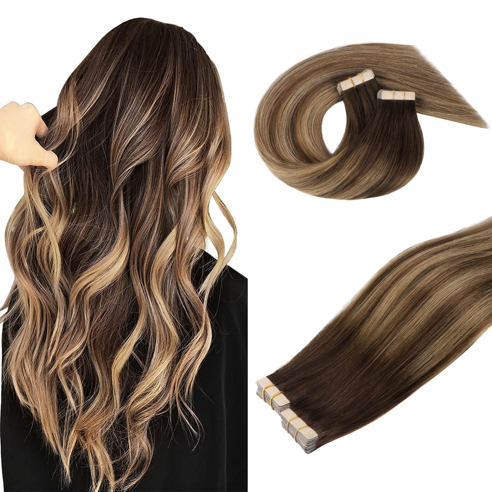 DOORES Human Hair Extensions Tape in, Balayage Chocolate Brown to Caramel Blonde 100g 40pcs 16 Inch, Tape in Hair Extensions Natural Real Hair Silky Straight — image 1