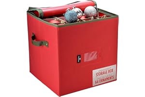 Handy Laundry Christmas Ornament Storage - Stores upto 64 Holiday Ornaments, Adjustable Dividers, Zippered Top, Two Handles. Storage Box Keeps Holiday Decorations Clean and Dry for Next Season. (Red)
