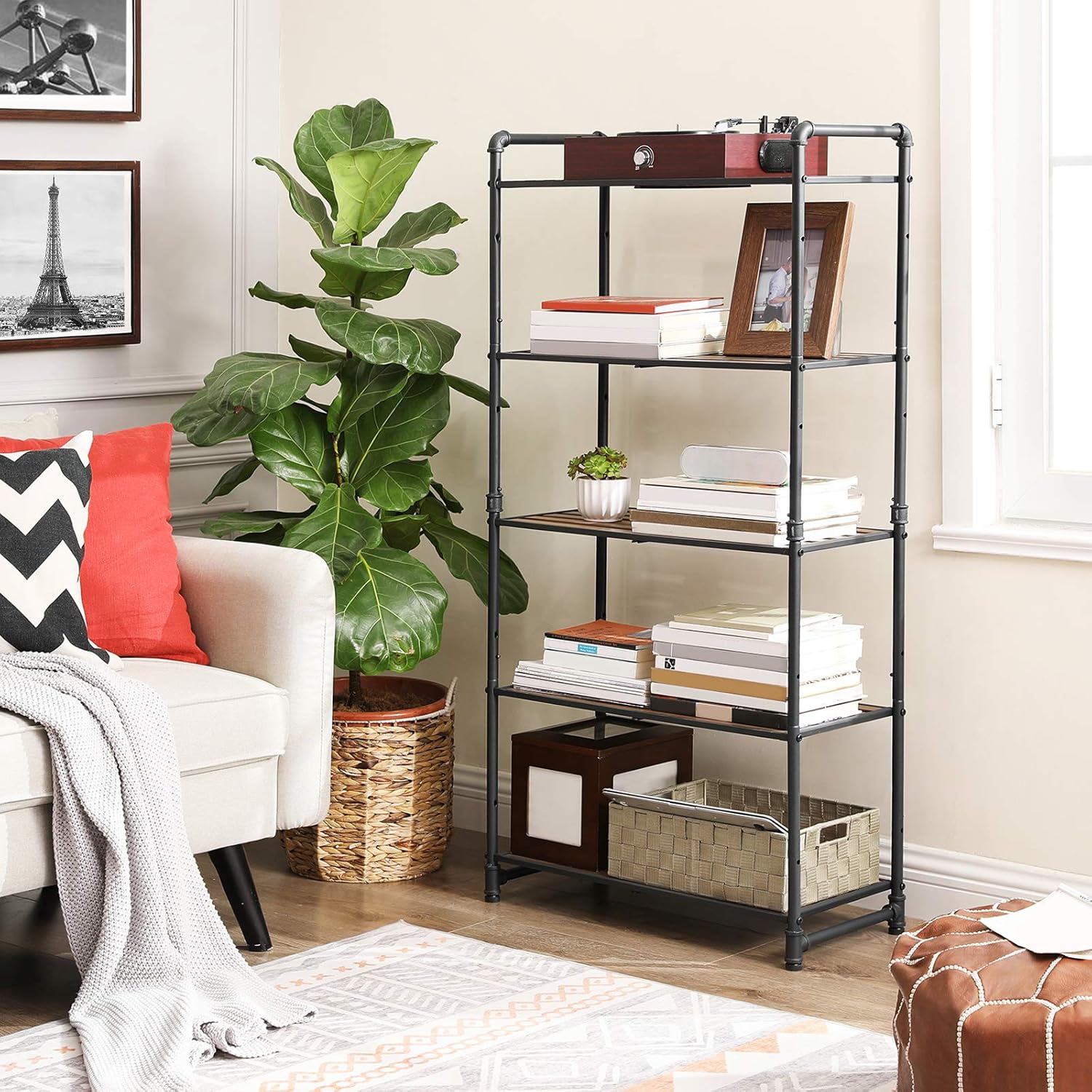VASAGLE 5-Tier Storage Rack, Bookshelf, Customizable Kitchen Bathroom DIY Shelf, Industrial Extendable Plant Stand with Adjustable Shelves, 25.1 x 12 x 51 Inches, for Living Room, Rustic Look UBSC26BX: Kitchen & Dining