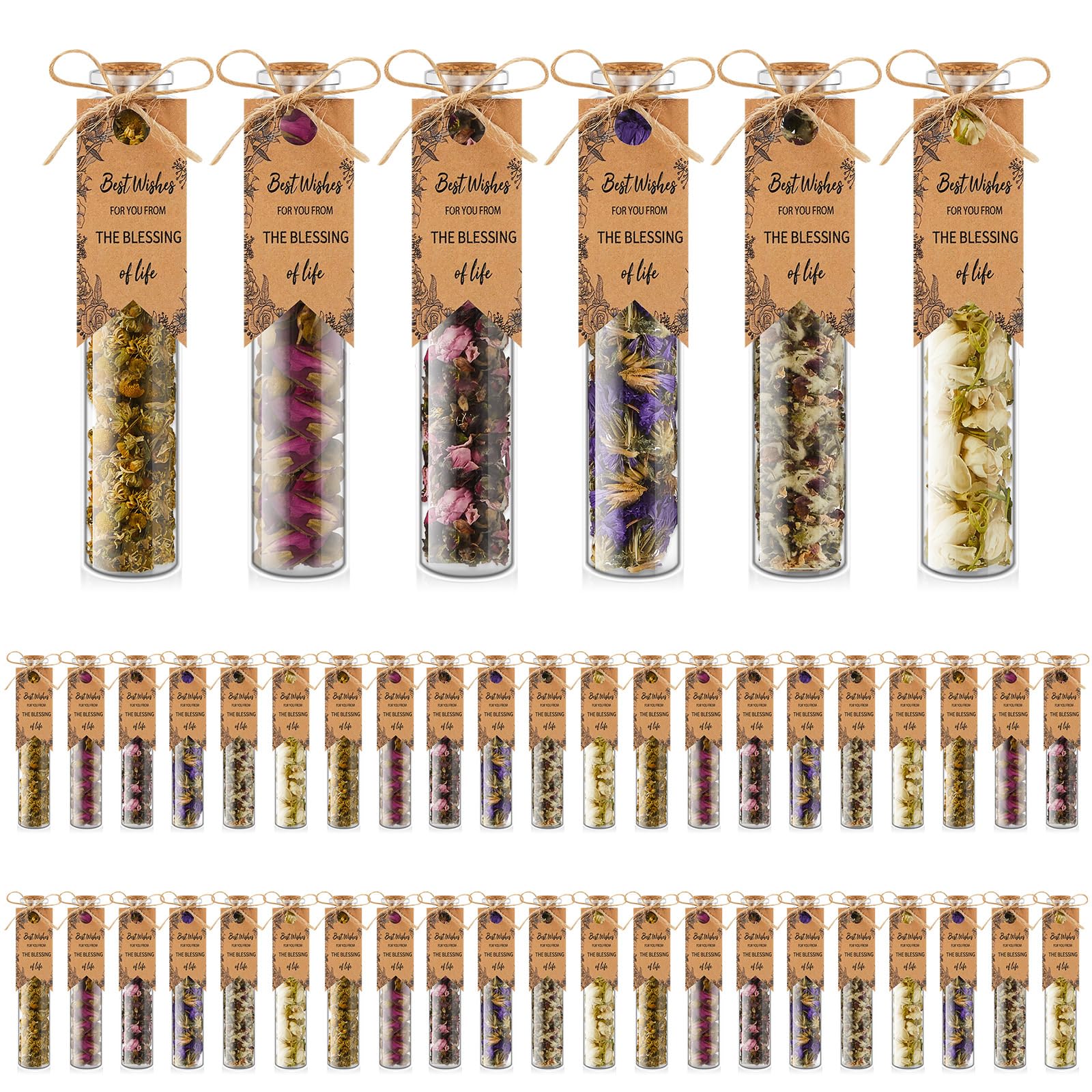 Photo 1 of Otuuz 48 Pcs Wedding Gifts Tea Party Favors for Women Bulk Rustic Bridal Shower Bridesmaid Gift for Guest Best Wishes Wedding Decor Souvenirs Dried Flower Tea Jar for Engagement Birthday, 6 Flavor
