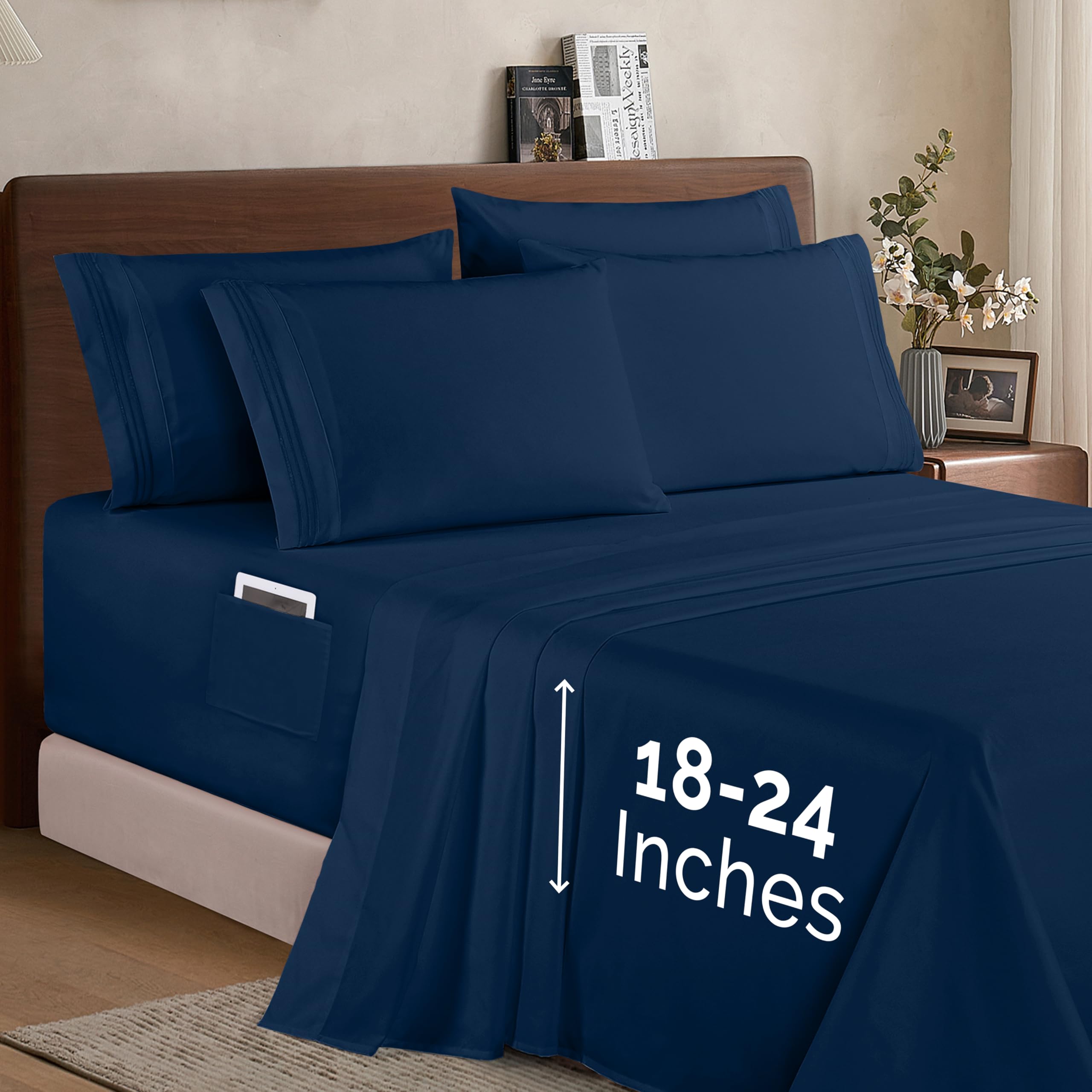 Elegant Comfort 1500 Premium Quality 6-Piece Bed Sheet Set - 18-24 Inch Extra Deep Pocket, Smart Storage Pockets, Wrinkle Free Ultra Soft 6PC Extra Deep Pocket Sheets, Full, Navy Blue Image