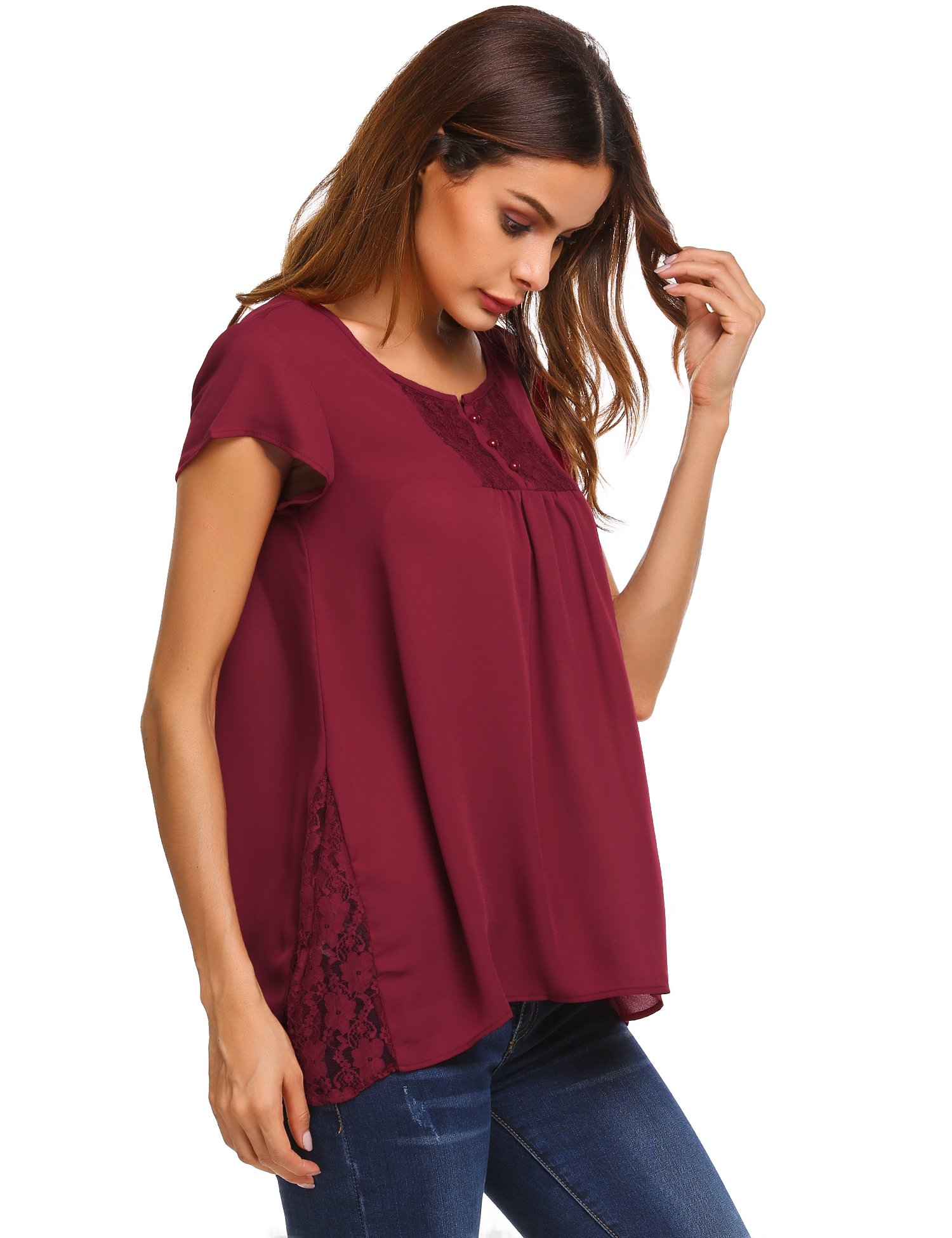 Women\'s Casual V Neck Sleeves Solid Chiffon Blouse