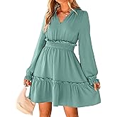 BerryGo Womens Long Sleeve Mini Dress Casual Ruffle Fashion V Neck High Waist A Line Flowy Boho Short Fall Dresses