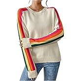 SweatyRocks Women's Casual Crewneck Lightweight Sweater Rainbow Striped Crochet Knit Shirt Top