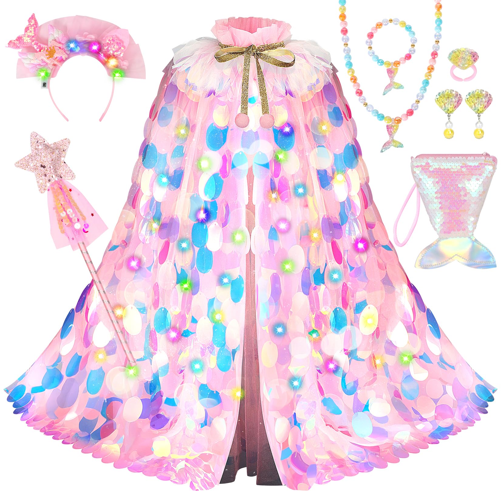 Photo 1 of LIMIROLER Princess Dress Up Toys Princess Dress Up Clothes Rainbow Mermaid Cape Kit 9 Pcs Gift Set for Little Girls 3-8 Years (6 - Light up Rainbow Pink)