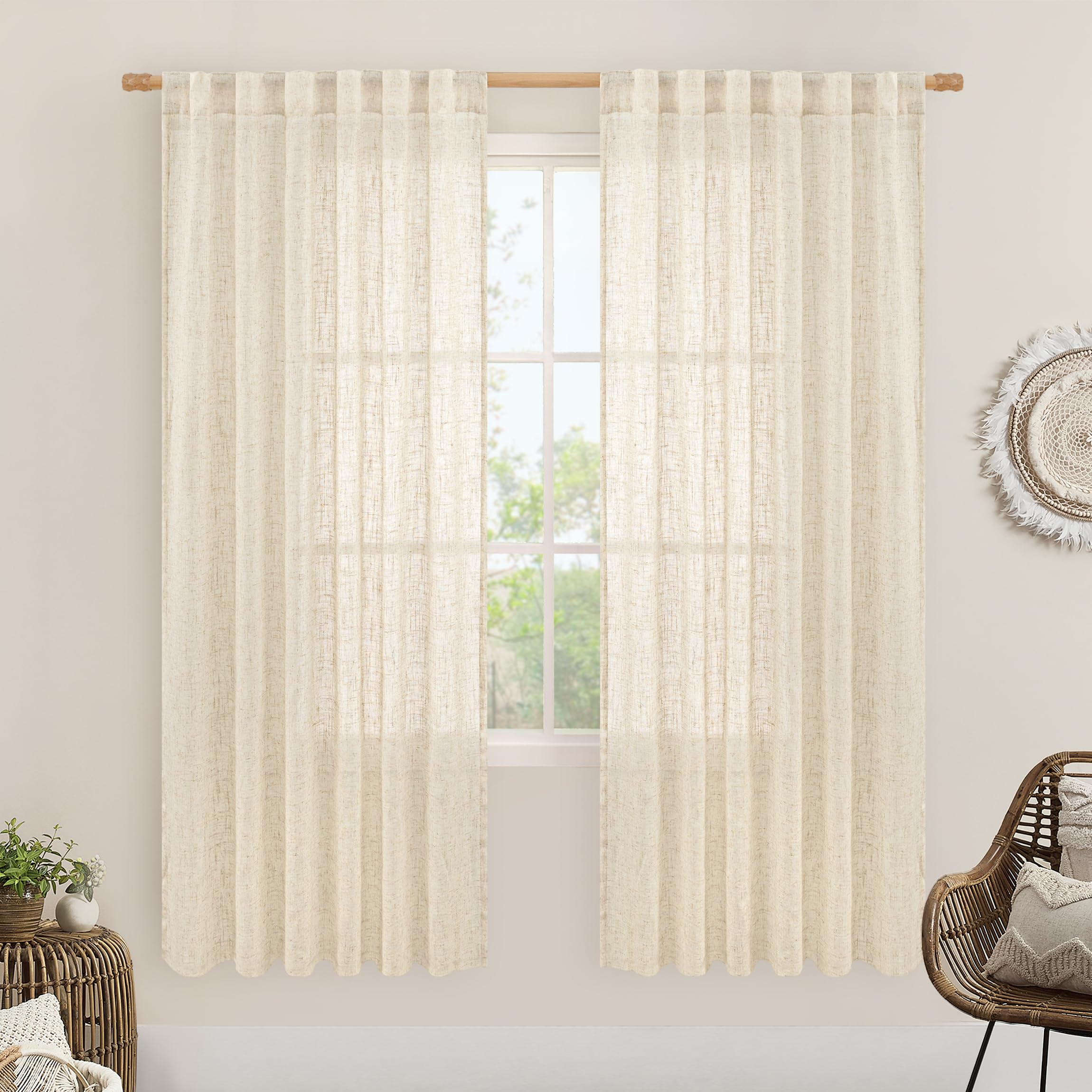 Photo 1 of LAMIT Beige Linen Curtains for Living Room 2 Panels Set, 78 Inch Faux Linen Textured Light Filtering Drapes Back Tab and Rod Pocket Boho Panels for Farmhouse/Bedroom/Porch, 52 x 78 Inch
