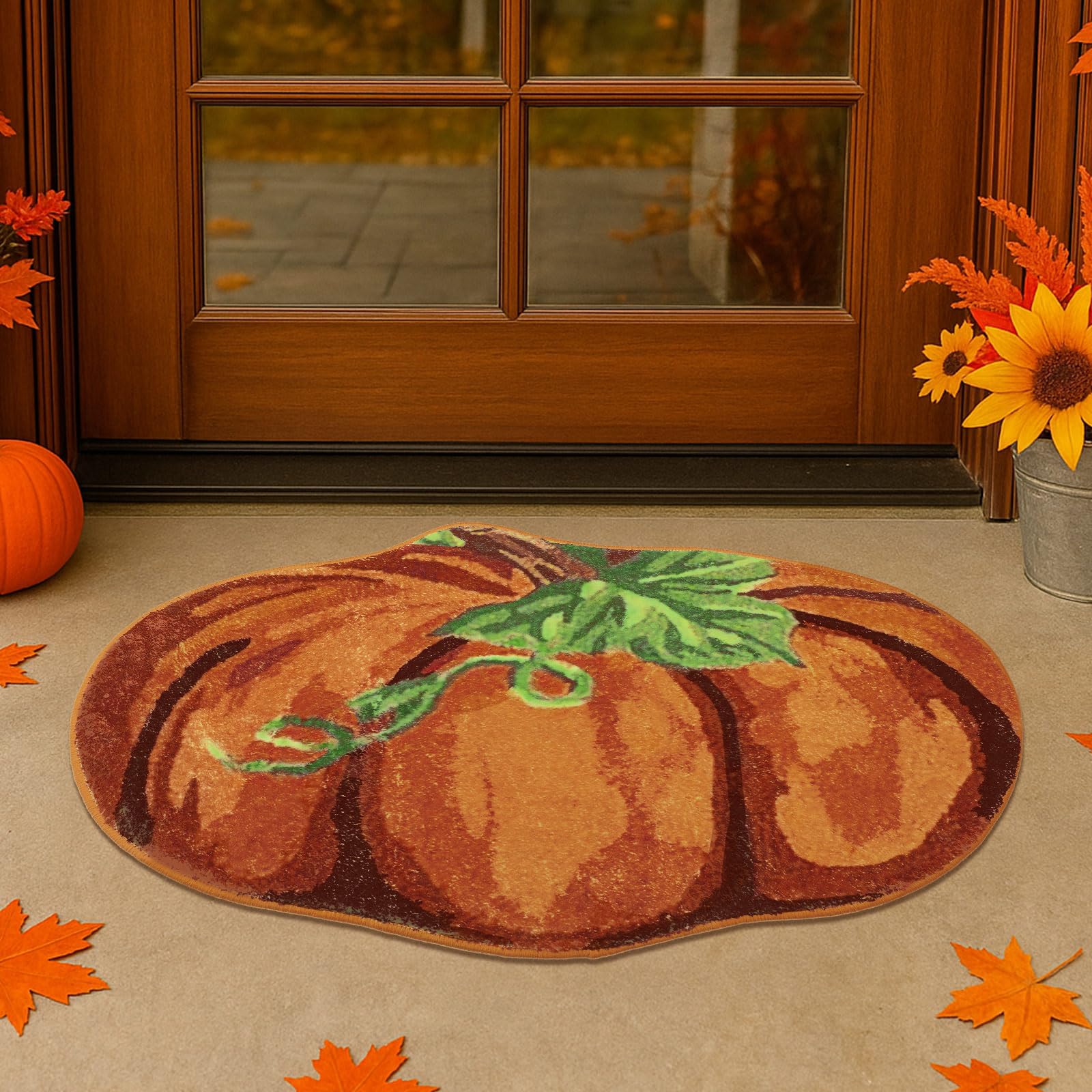 Photo 1 of Tinideya Fall Door Mat Pumpkin Rug Thanksgiving Welcome Mat for Front Door Non Slip Washable Flocked Floor Doormat 30 x 18 Cute Orange Autumn Bathroom Rug Indoor Outdoor Porch Home Harvest Decor