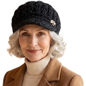 Bidadary Winter Fleece Lined Womens Crochet Knit Hat Warm Newsboy Hat Brim Flat Paperboy Cap