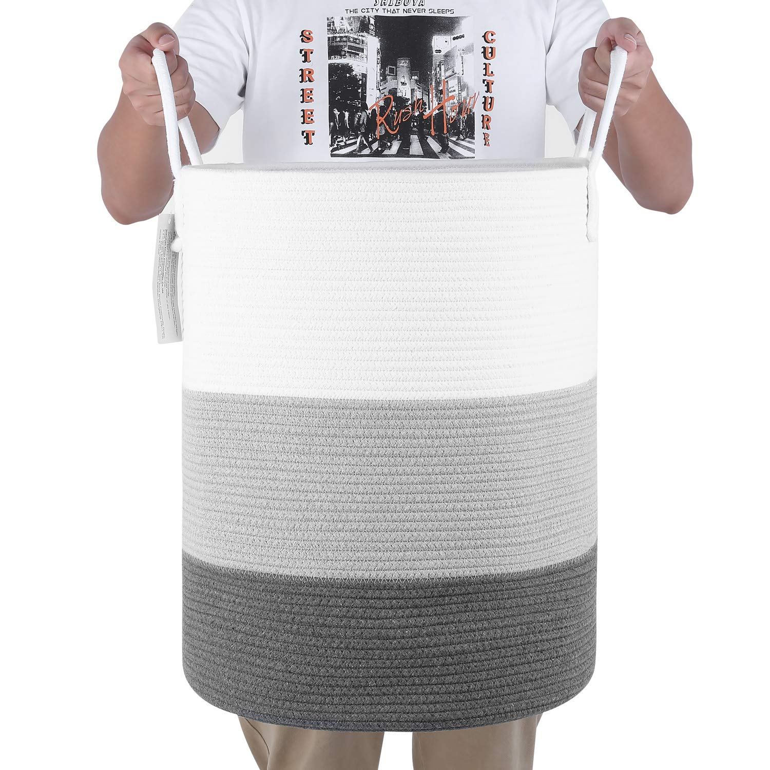 Homfa Wäschekorb 2er Set Aufbewahrungskorb aus Baumwollseil mit Griffen faltbar Weiß Grau