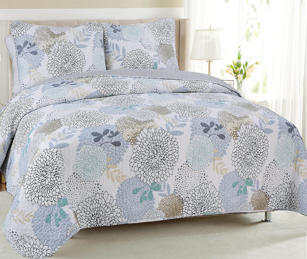 Cozy Line Home FashionsCozy Line Home Fashions Nina Trista Flowers Aqua Blue Tape Grey Floral Print 100% Cotton Reversible Quilt Bedding Set, Bedspread Coverlet (Aqua Blue, Twin - 2 Piece)