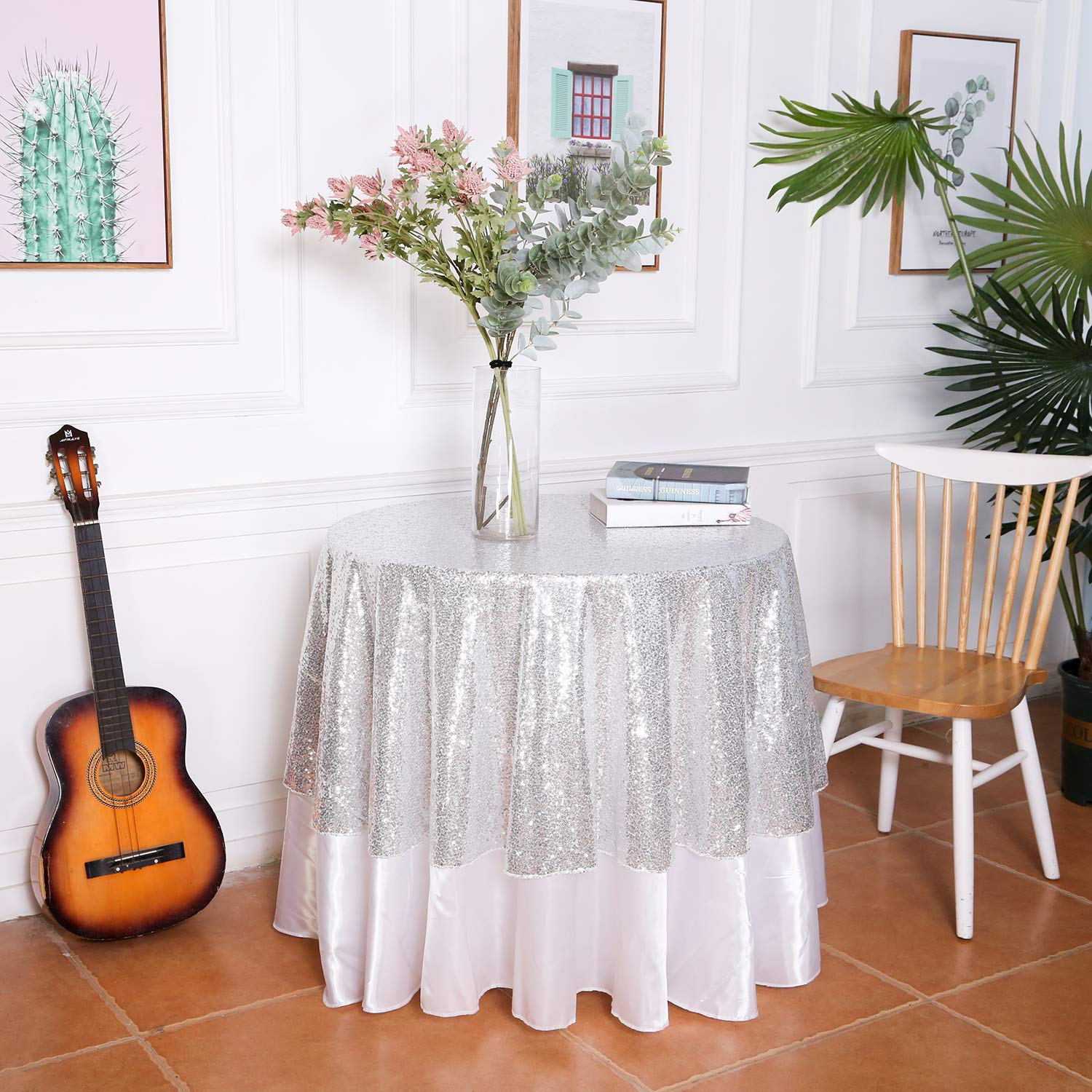 Eternal Beauty Silver Sequin Tablecloth 50-Inch Sparkly Overlay Round Glitter Table Cover for Wedding Party Birthday Decoration — image 1