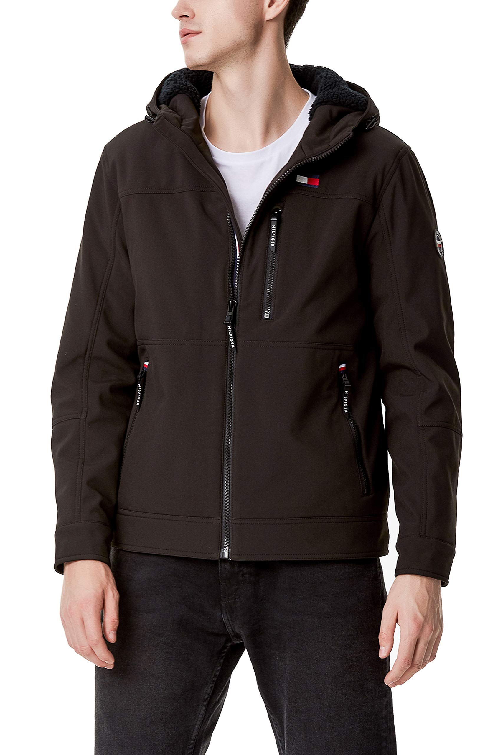 Tommy Hilfiger Men's Filled Soft Shell Hooded Open Bottom Jacket with Full Sherpa Lining, Black Tech, Medium Image
