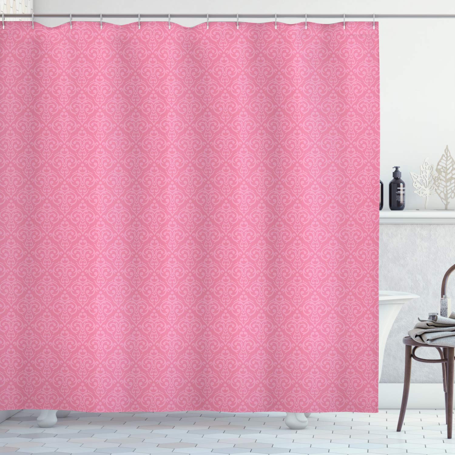 ABAKUHAUS Pale Pink Shower Curtain, Baroque Pattern with Damask Inspired Motifs Old Fashioned Rococo Influences, Cloth Fabric Bathroom Decor Set with Hooks, 86 Inches Extra Long, Pink Pale Pink