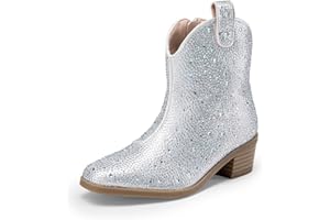 DREAM PAIRS Girls Cowgirl Cowboy Rhinestone Boots Ankle Low Heel Dress Booties